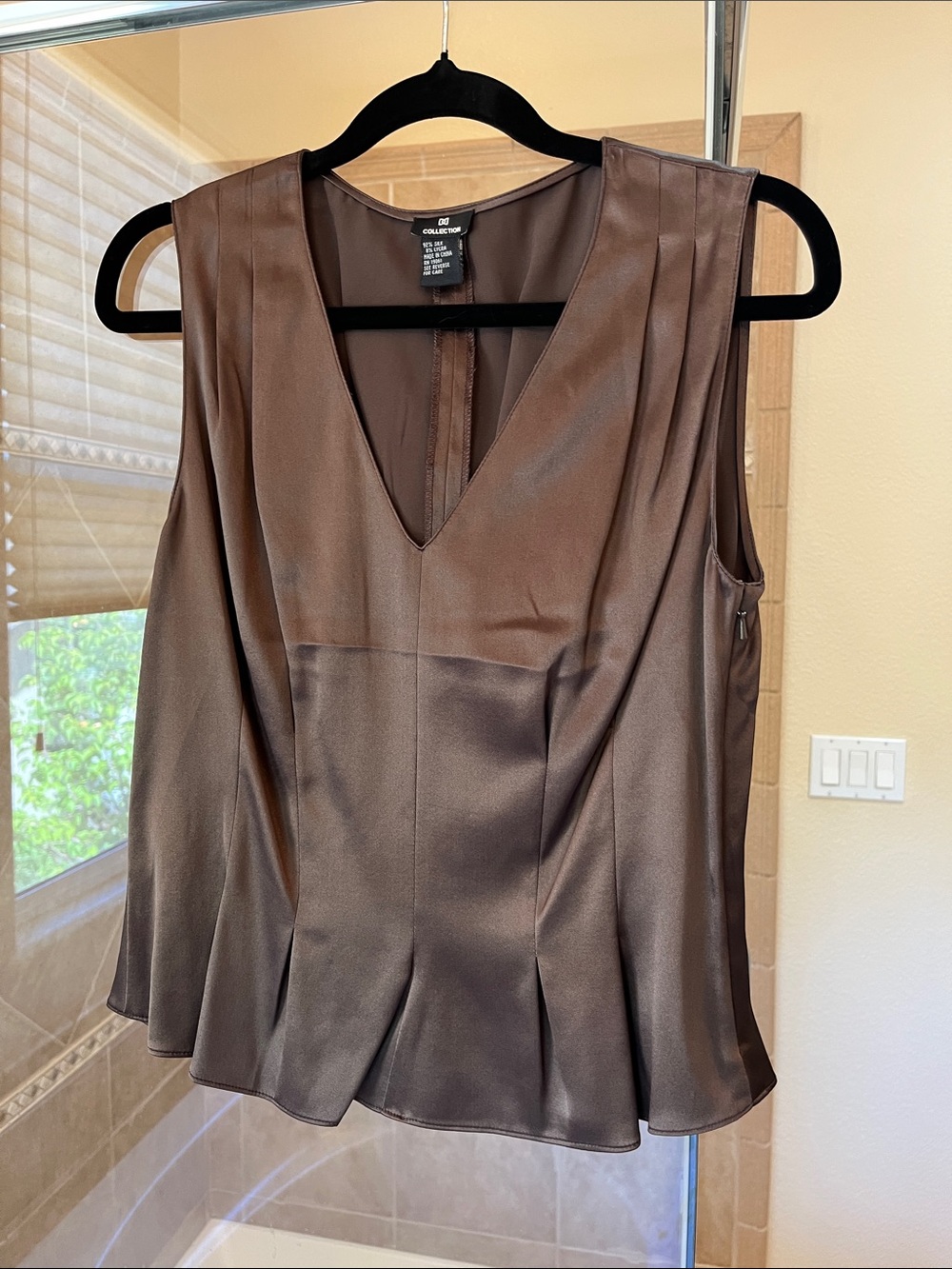 Worthington Brown Satin V-Neck Pleated Sleeveless Blouse